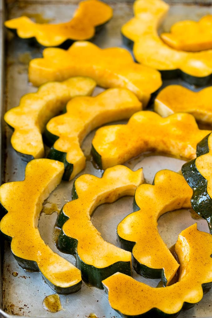 Acorn squash coated in a mixture of sugar, olive oil and seasonings.