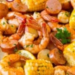 This classic shrimp boil contains fresh shrimp, potatoes, corn and sausage, all boiled in a flavorful broth.