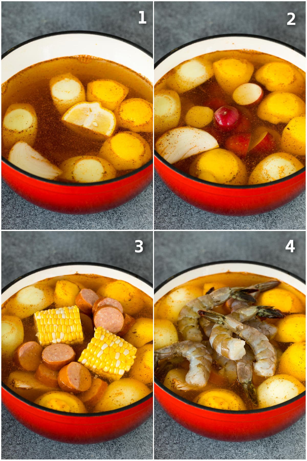 Step by step process shots showing vegetables and shrimp going into a pot of boiling liquid.