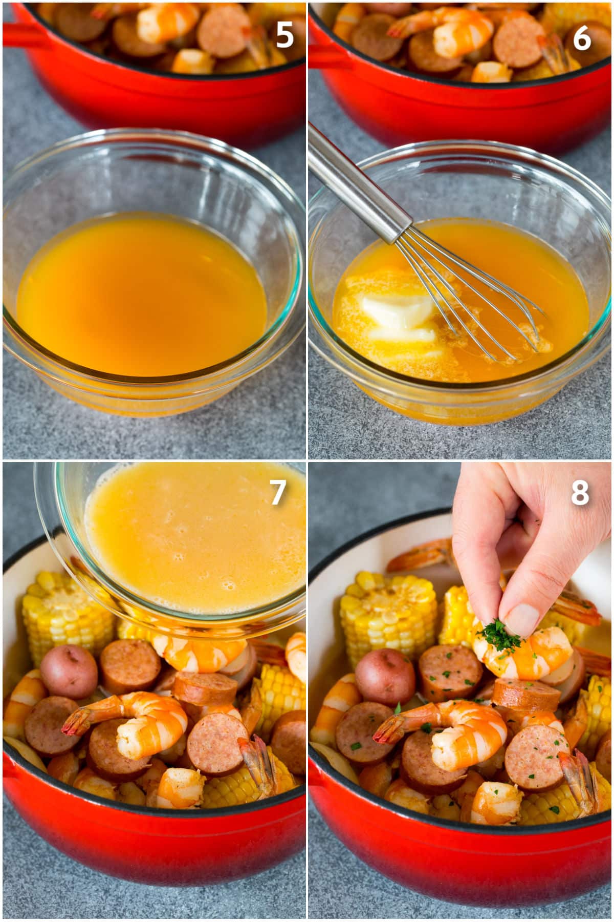 Process photos showing reserved broth mixed with butter and poured over shrimp.