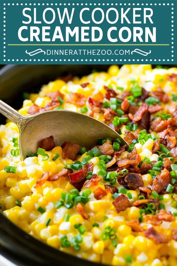 Slow Cooker Creamed Corn Recipe | Easy Creamed Corn Recipe | Slow Cooker Creamed Corn with Bacon | Southern Creamed Corn #corn #bacon #sidedish #slowcooker #crockpot #dinneratthezoo