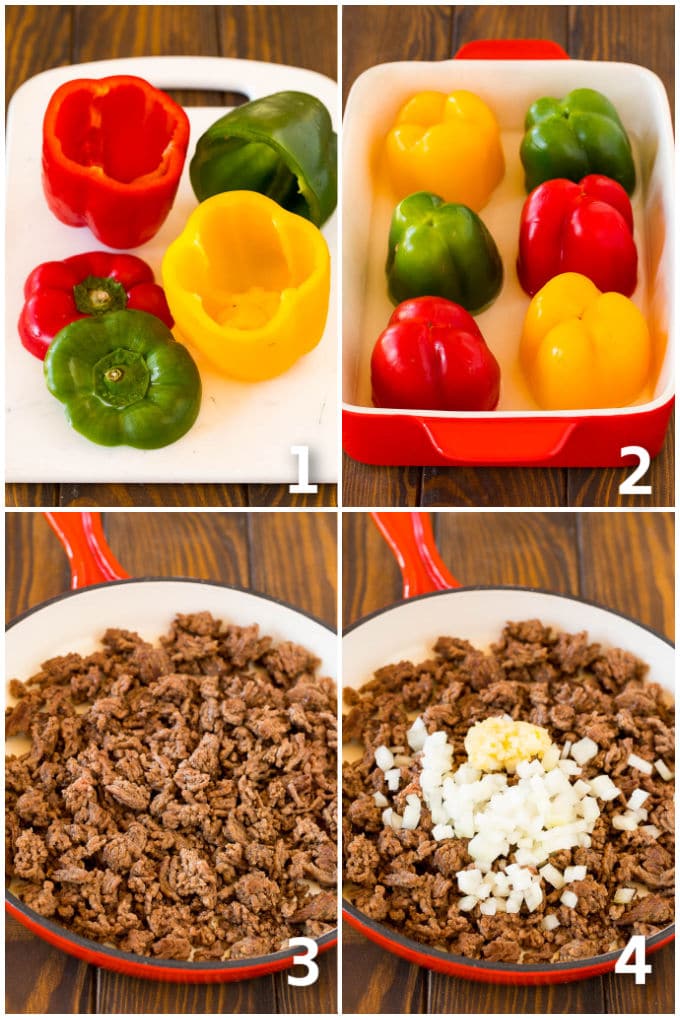Step by step process shots on cooking bell peppers and ground beef.