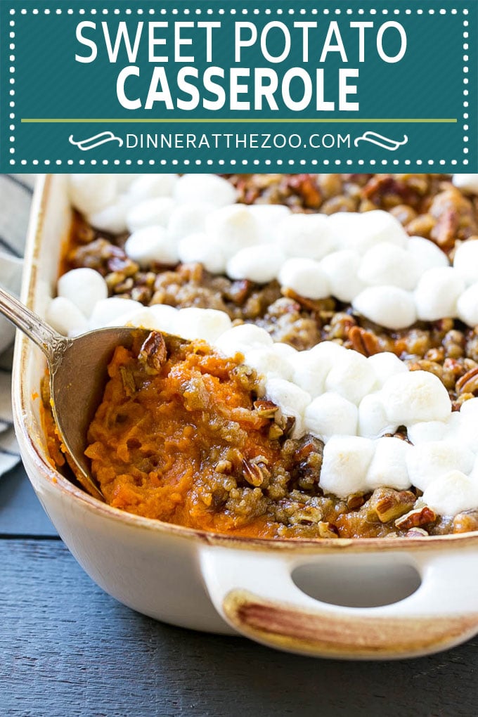 This recipe for sweet potato casserole with marshmallows is mashed spiced sweet potatoes, topped with both a pecan streusel topping and plenty of mini marshmallows.