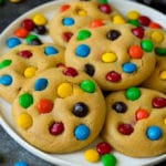 A plate of M&M cookies, garnished with extra candy.