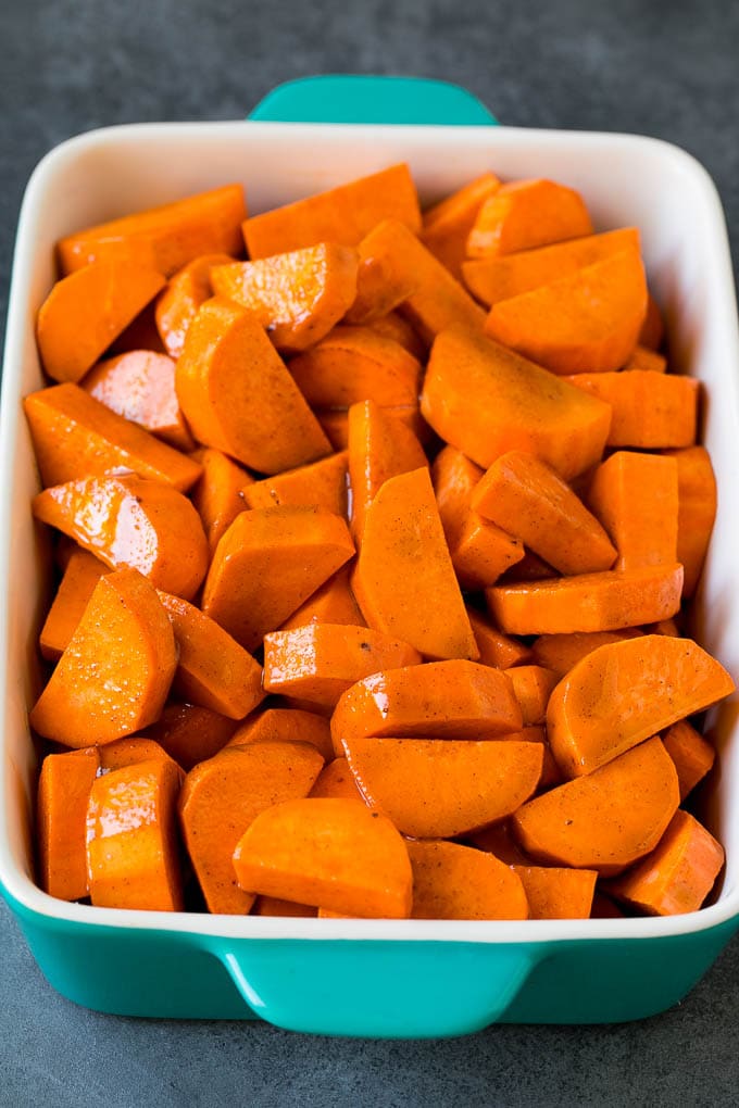 Yams coated in brown sugar, butter and spices.