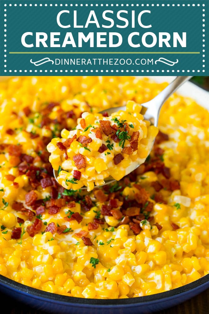 This creamed corn recipe consists of corn kernels simmered in cream sauce, then topped with crispy bacon and fresh herbs. 