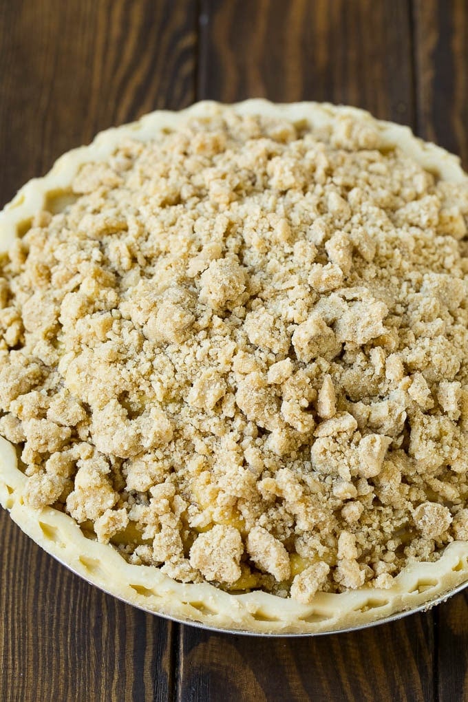 Brown sugar topping on top of an unbaked pie.