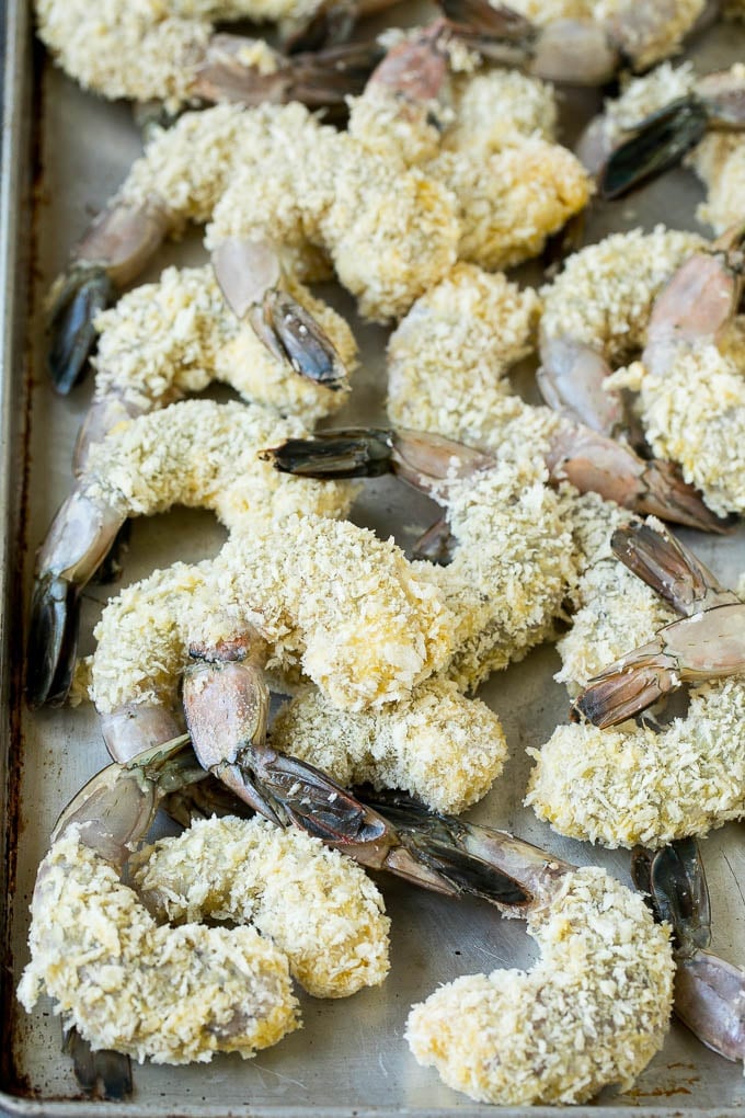 Shrimp coated in panko breadcrumbs.