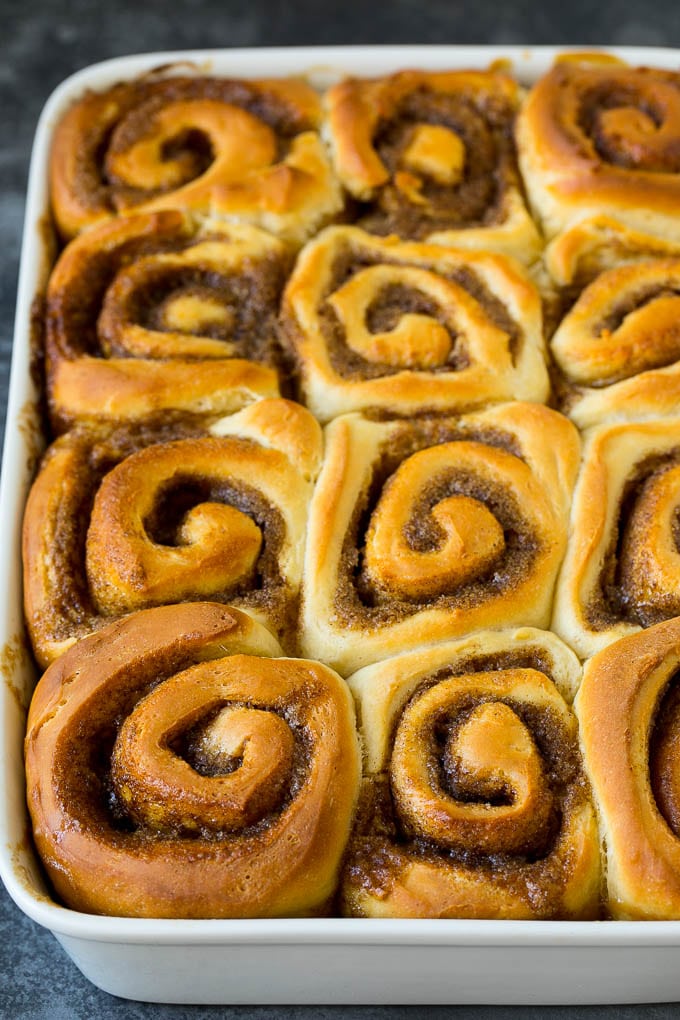 Baked sweet rolls filled with cinnamon sugar.
