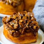 Sticky buns topped with caramel and pecans.