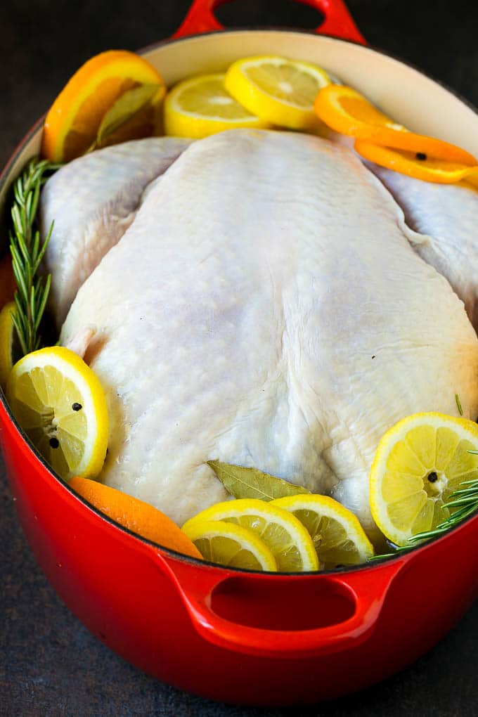 A turkey in a pot of brine.