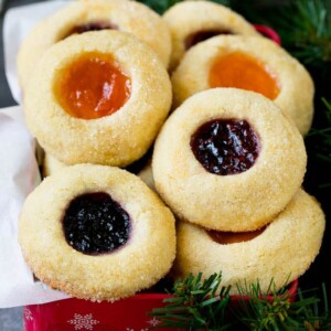 Thumbprint cookies in a tin for gift giving.