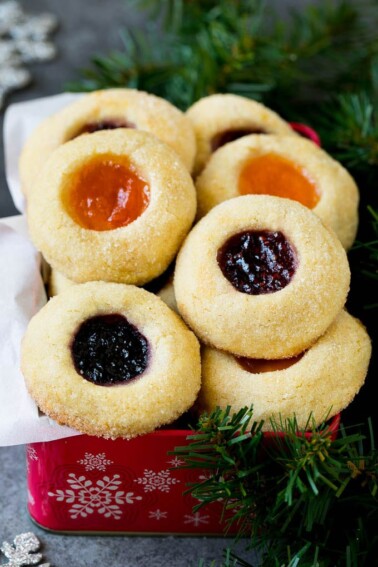 Thumbprint cookies in a tin for gift giving.
