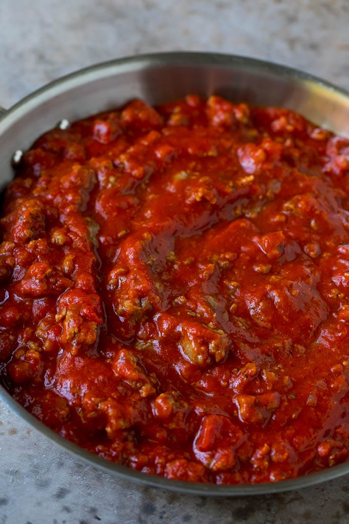 Meat sauce in a skillet.