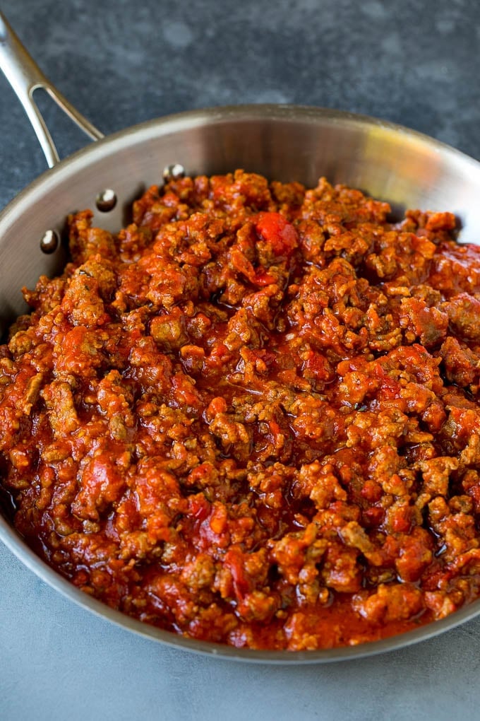 Meat sauce in a skillet.