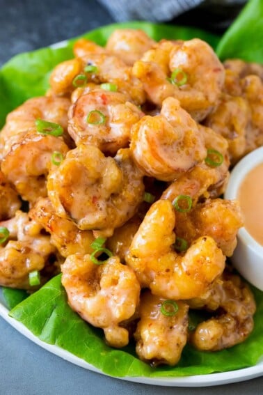 Bang bang shrimp tossed in creamy chili sauce and served over lettuce.
