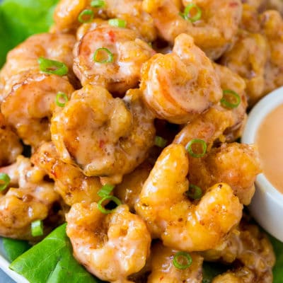Bang bang shrimp tossed in creamy chili sauce and served over lettuce.