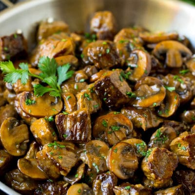 Beef tips with mushrooms in brown gravy.