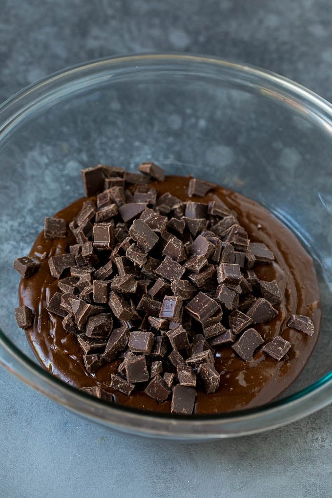 Chocolate cookie batter with chocolate chunks on top.