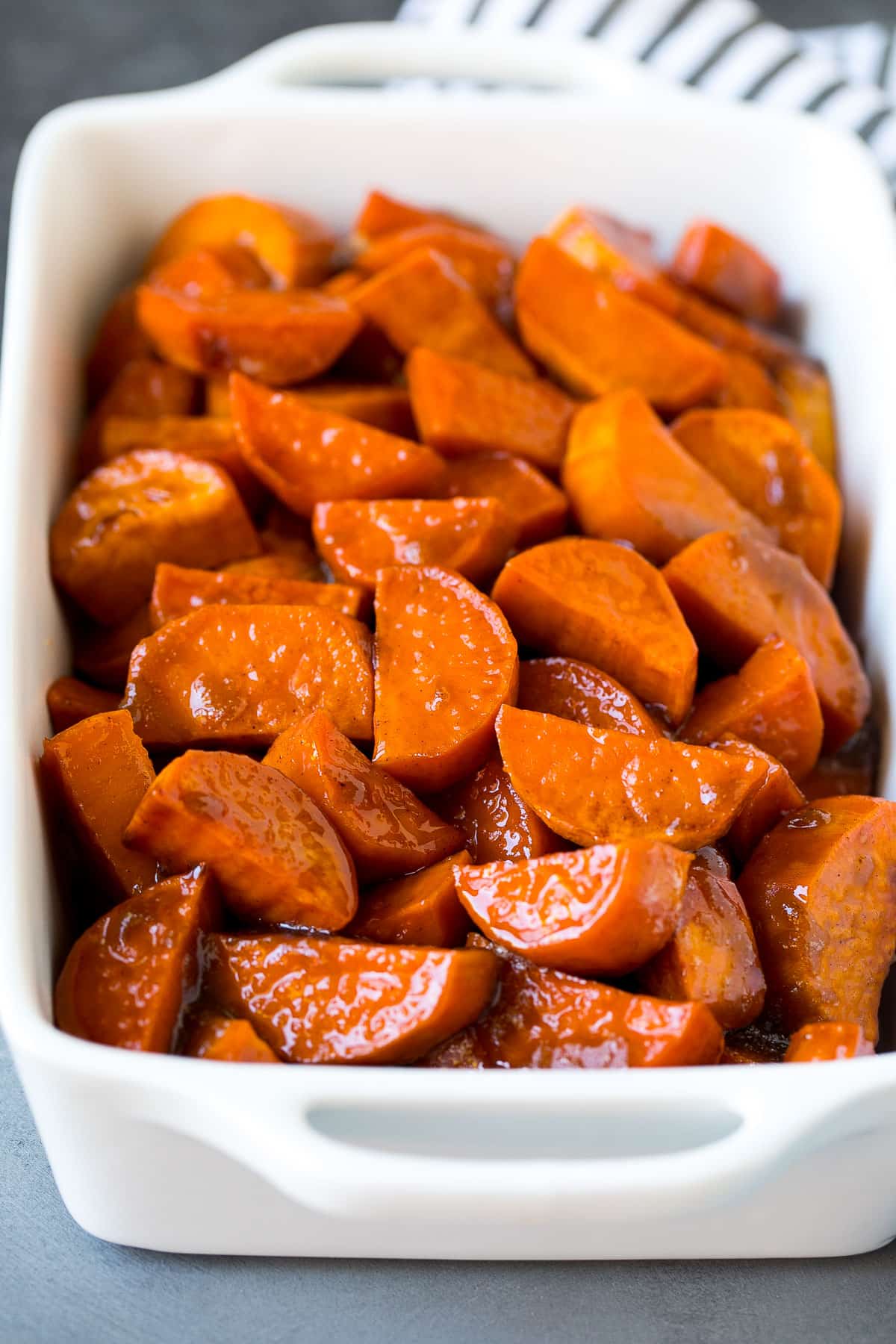 A baking dish filled with candied sweet potatoes. 