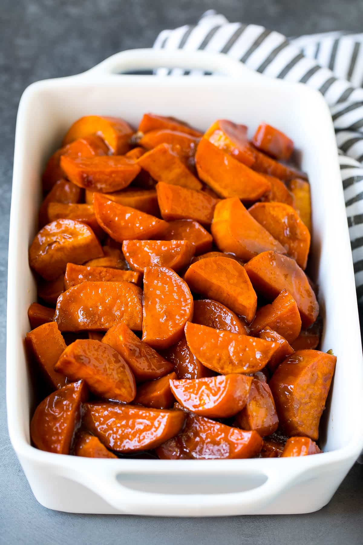 A baking dish filled with candied sweet potatoes.