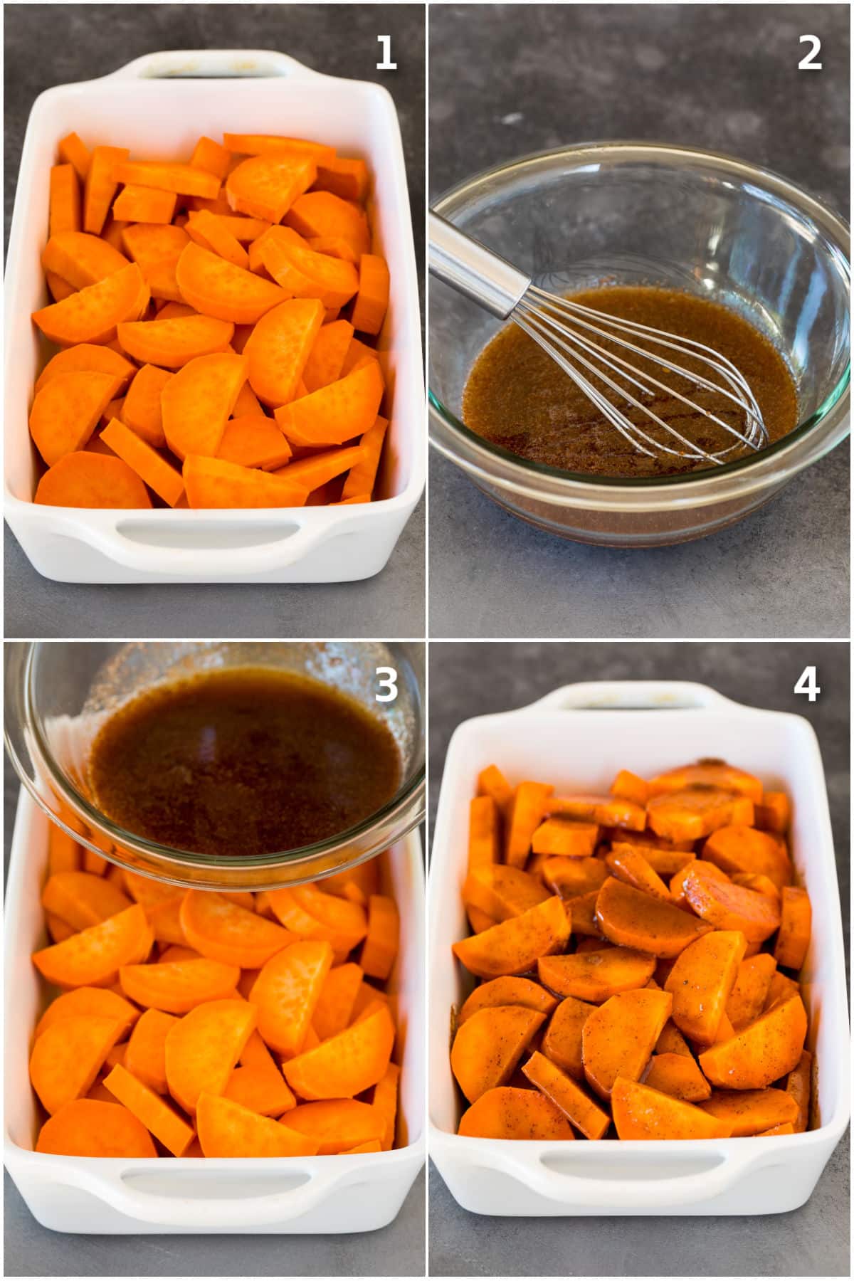 Step by step process shots showing how to make candied sweet potatoes.