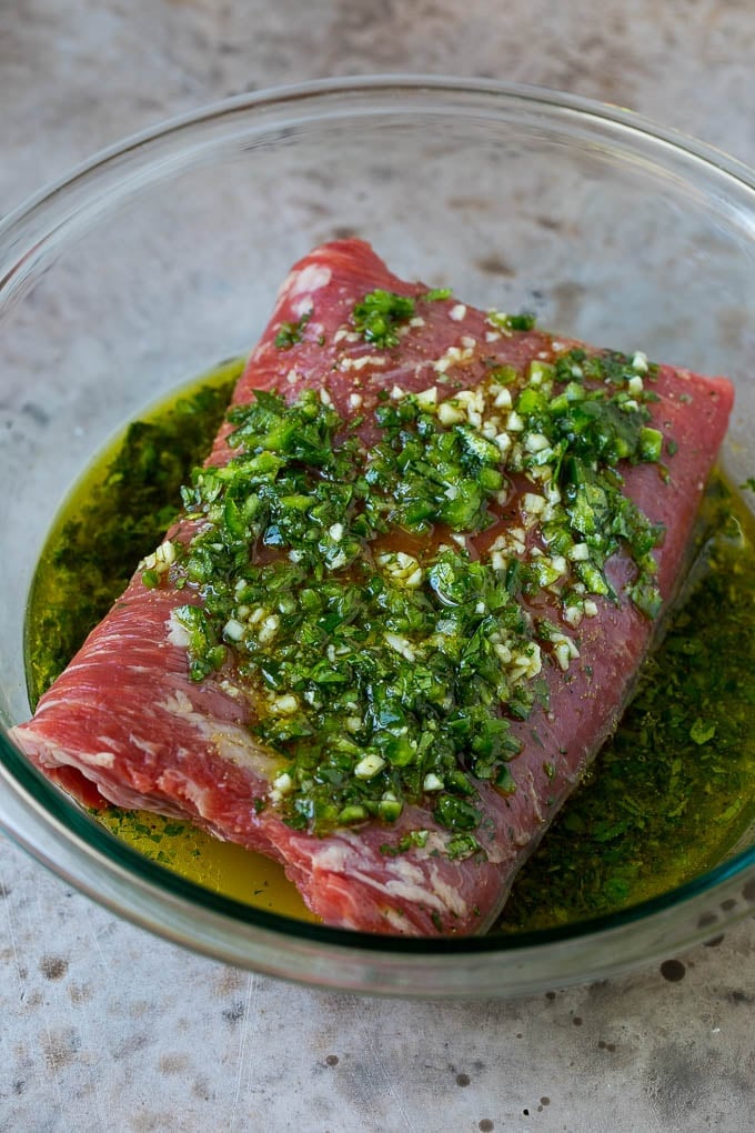 Flank steak in a cilantro and citrus marinade.