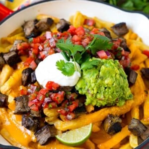 Carne asada fries topped with melted cheese, steak, salsa and guacamole.