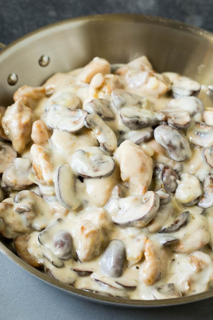 Chicken and mushrooms in a creamy sauce.