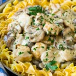 Chicken stroganoff with mushrooms, served over egg noodles.