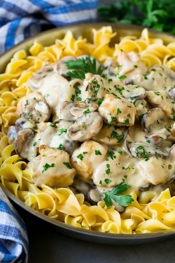 Chicken stroganoff with mushrooms, served over egg noodles.