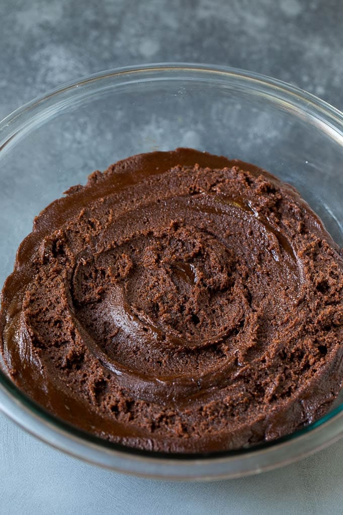 A bowl of chocolate cookie dough.