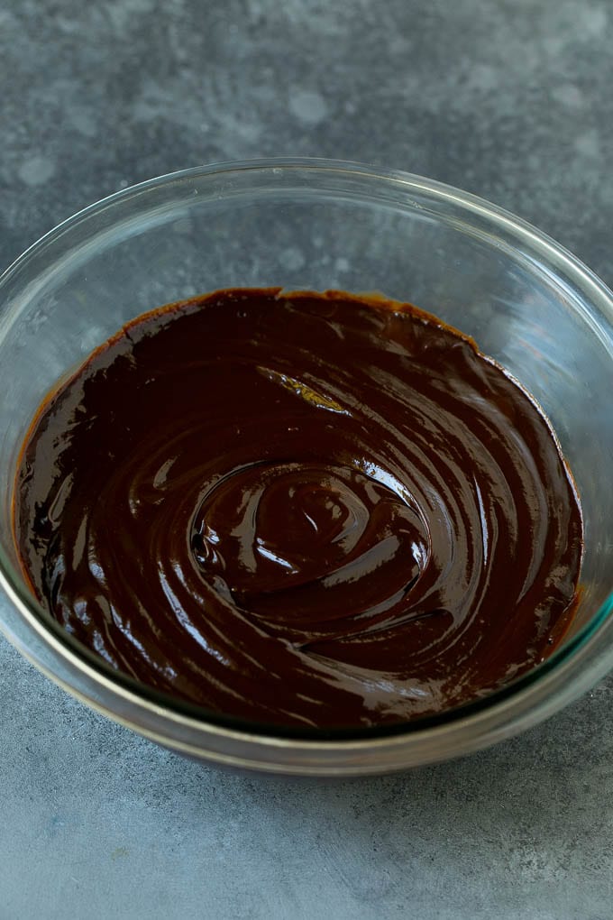 Semisweet chocolate ganache in a mixing bowl.