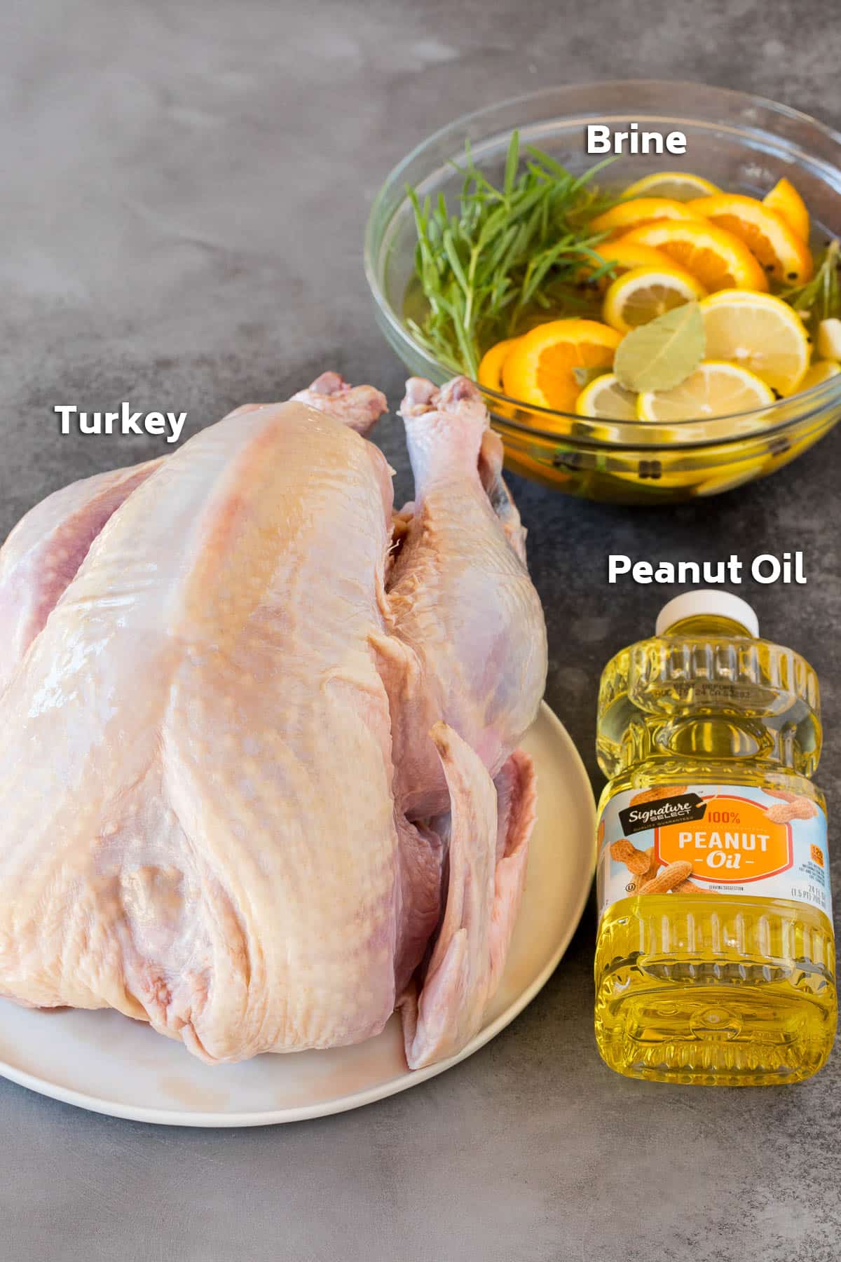 Ingredients including a turkey, oil and a bowl of brine.