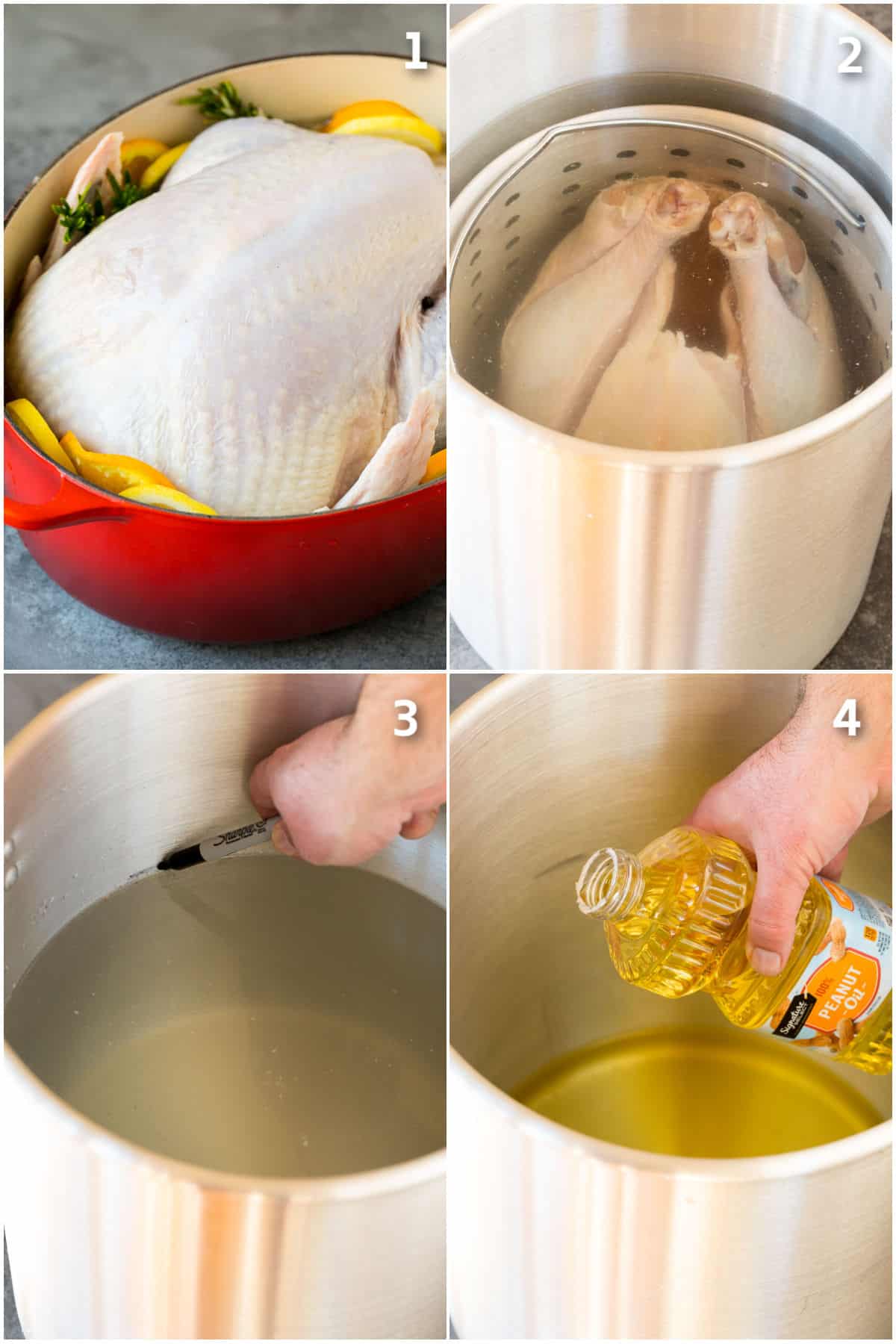 Step by step shots showing how to prepare a turkey fryer.