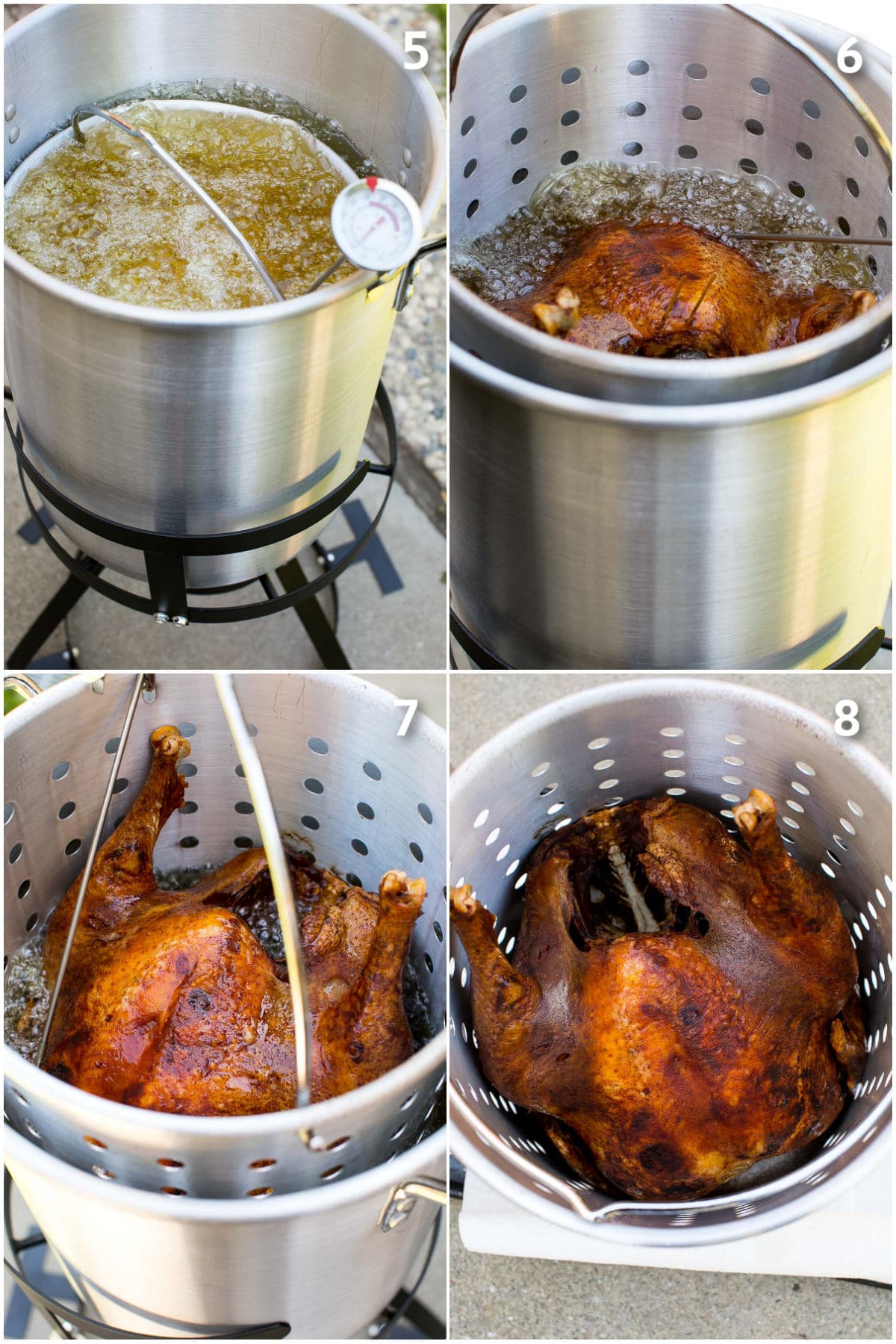 Process shots showing how to deep fry a turkey.