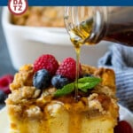 This french toast casserole is pieces of bread soaked in a sweet custard mixture, then topped with cinnamon streusel and baked to perfection.