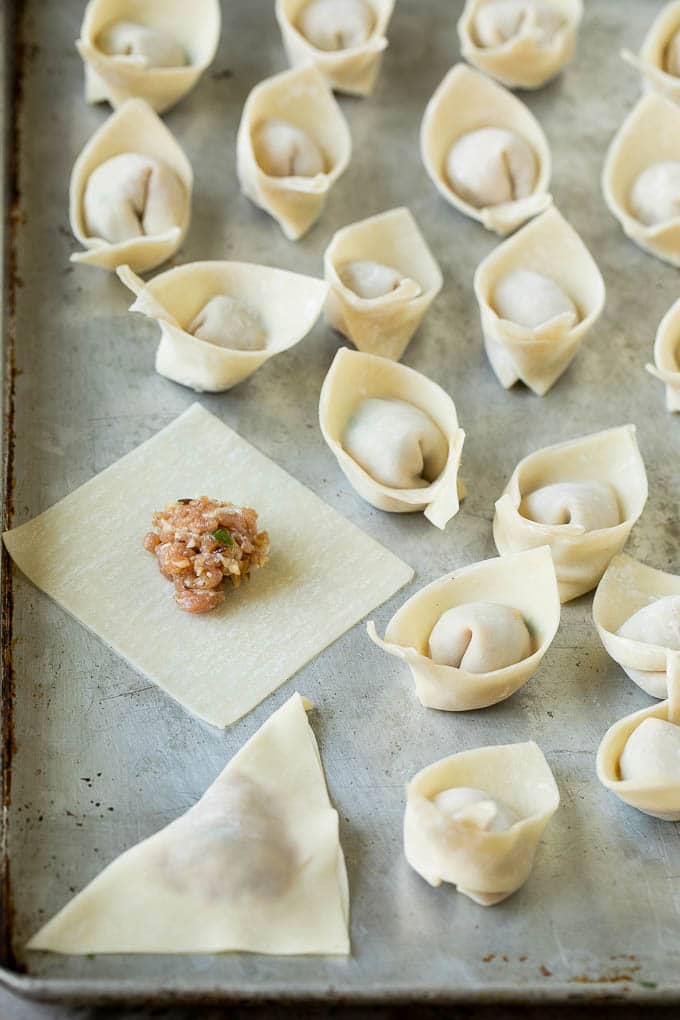 A wonton wrapper with a dollop of ground pork mixture inside.