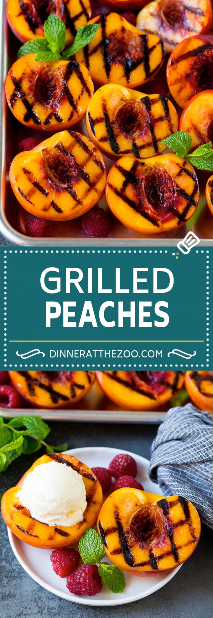 These grilled peaches are seared on the grill until tender and caramelized, then brushed with cinnamon honey for a sweet finish.