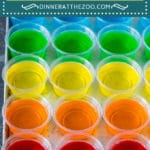 This Jello shots recipe contains fruit flavored gelatin and vodka, which are mixed together, poured into cups, then chilled until firm.