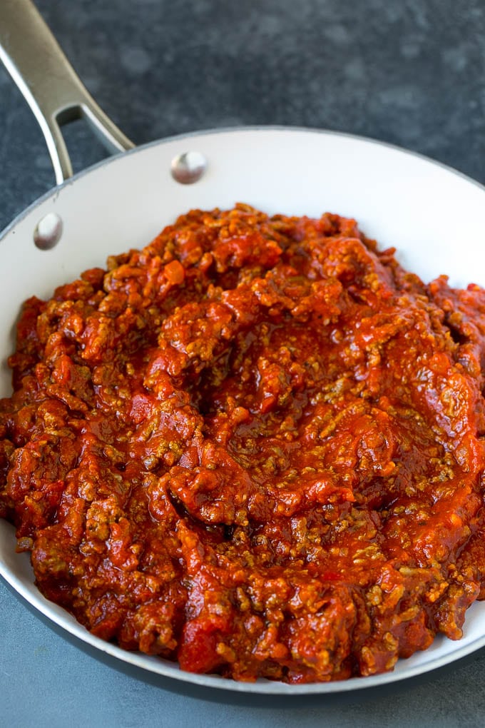 Meat sauce in a pan.