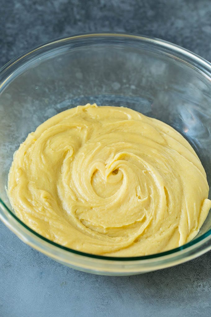 Vanilla cookie dough in a mixing bowl.