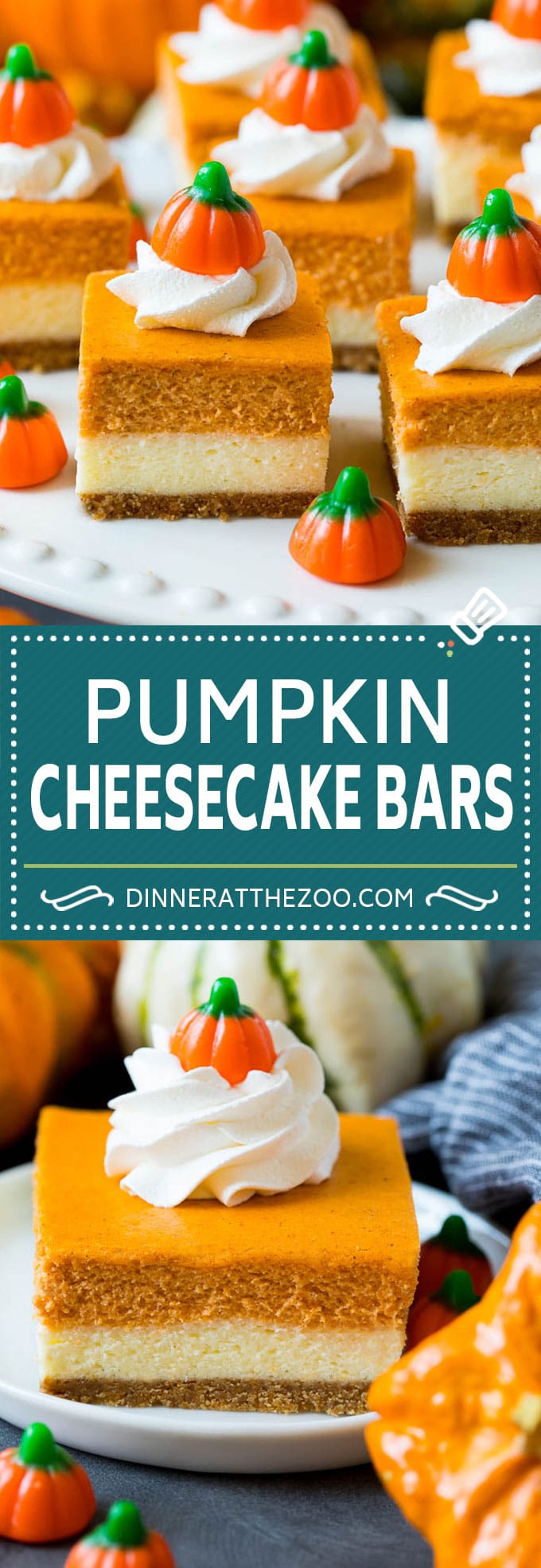 These pumpkin cheesecake bars are layers of graham cracker crust, vanilla cheesecake and pumpkin cheesecake, all baked together to create an impressive dessert.