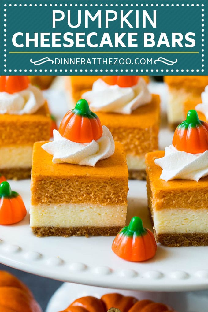 These pumpkin cheesecake bars are layers of graham cracker crust, vanilla cheesecake and pumpkin cheesecake, all baked together to create an impressive dessert.