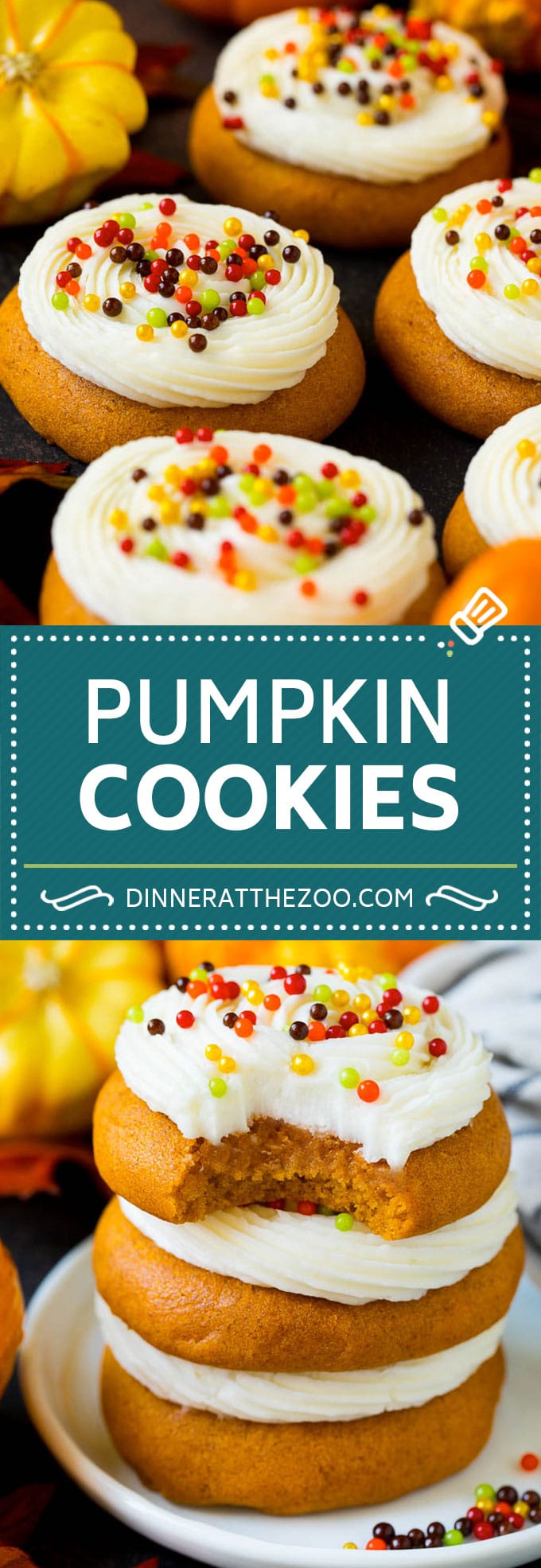 These soft pumpkin cookies bake up light and fluffy, and are topped with a decadent cream cheese frosting and colorful sprinkles.