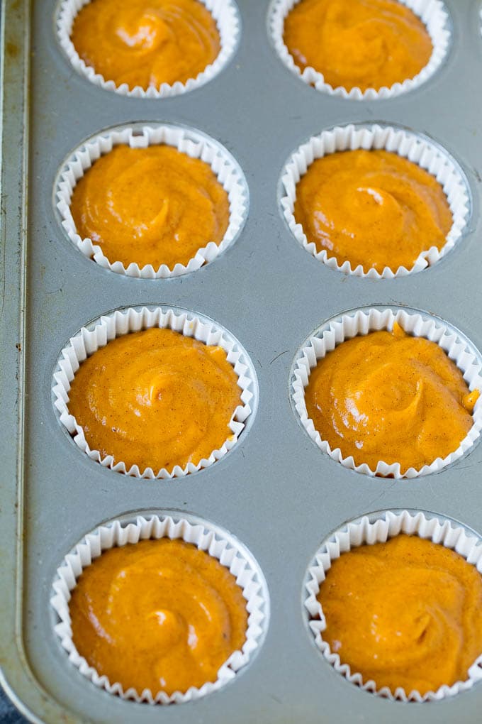 Pumpkin batter poured into a baking tin.