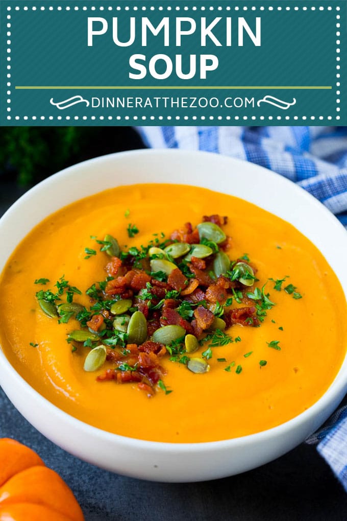 This pumpkin soup is roasted pumpkin pureed with vegetables and cream, with a generous amount of smoky bacon on top. 