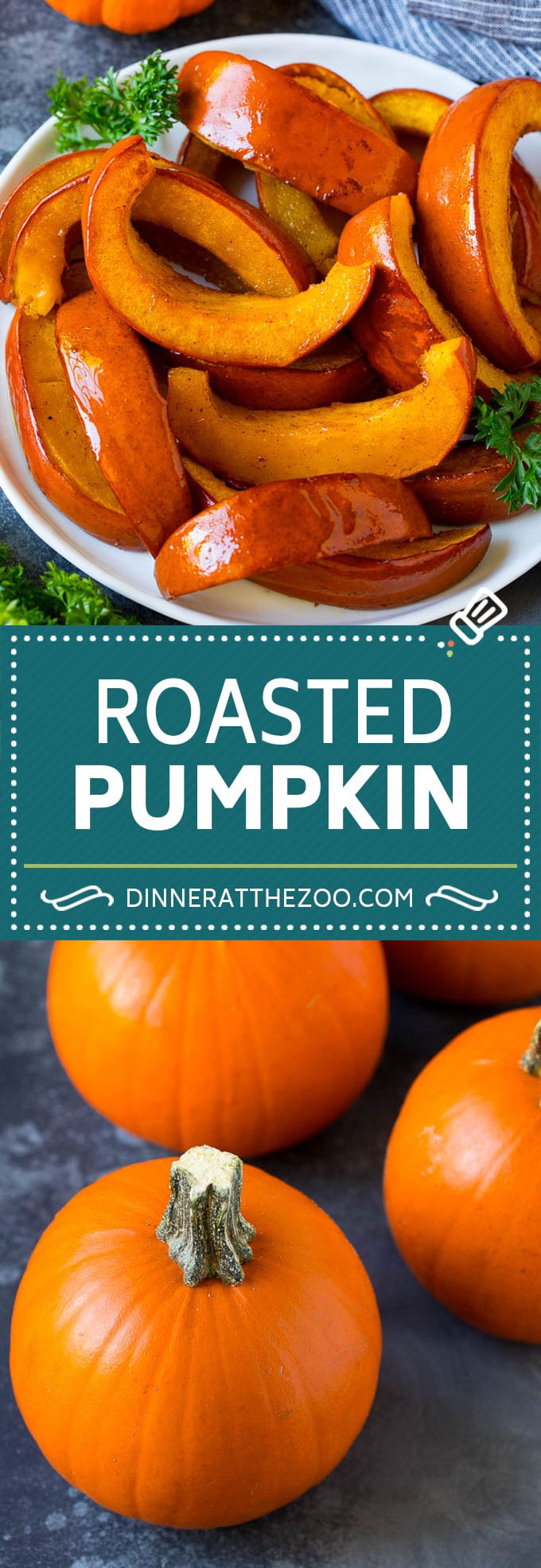 This roasted pumpkin recipe is sugar pie pumpkin wedges cooked with brown sugar, maple syrup and cinnamon.