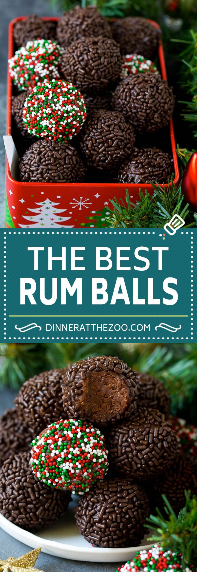 These rum balls are a blend of liquor, chocolate, pecans and cookie crumbs, all rolled together and coated with sprinkles. 