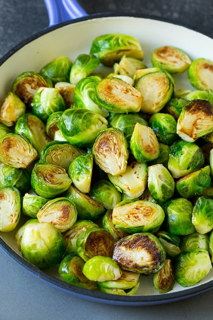 Halved brussels sprouts cooked until browned.